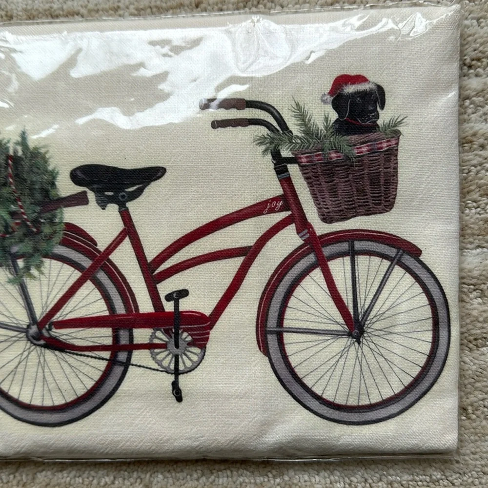 Mary Lake-Thompson Red Christmas Bike Black Labrador Dog Flour Sack Dish Towel